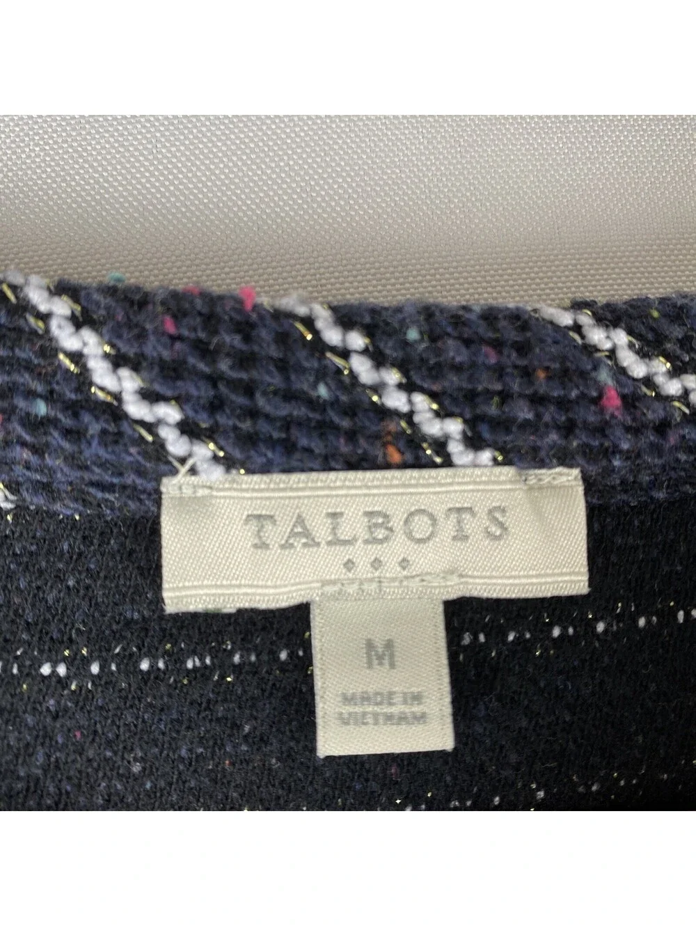 TALBOTS Knit Sweater Top Med Speckled Striped 3/4 Sleeve Navy Blue White